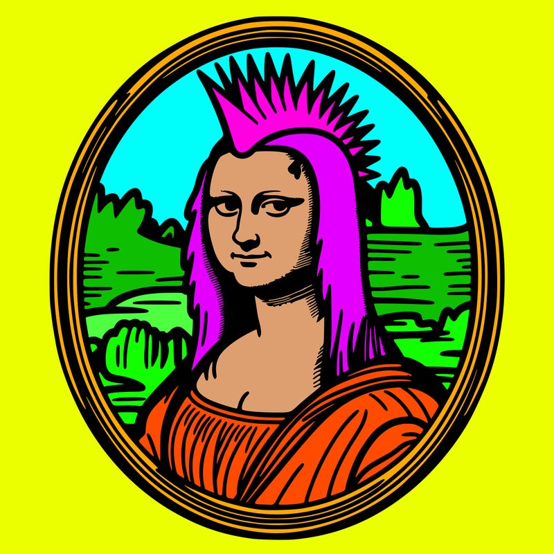 leonardo da vinci's "mona lisa" with punk hairstyle, realistic, thin borders