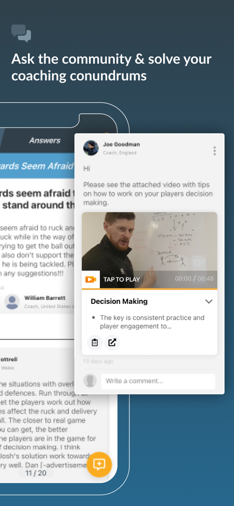 Sportplan - Sportplan app screen showing a community forum where coaches ask questions and share video-based training advice.