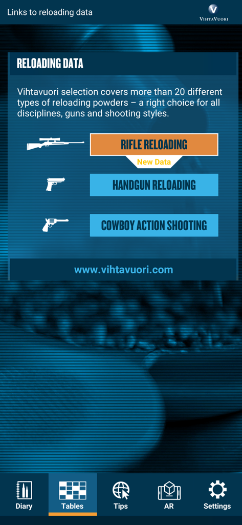 Vihtavuori Reload - Menu do aplicativo Vihtavuori Reload para dados de recarga de rifle e pistola