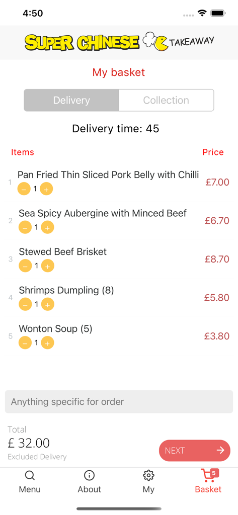 Super Chinese Takeaway - Basket screen of the Super Chinese Takeaway app displaying several food items such as pork belly and wonton soup with their prices and the total order amount