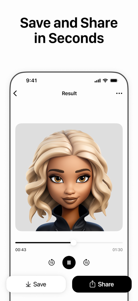 Save and share screen of the ElevenLabs AI voice generator app featuring a character avatar and media player controls.