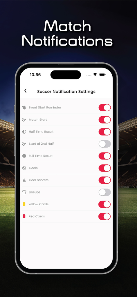 Xscores app screen showing customizable soccer match notification settings for goals and cards