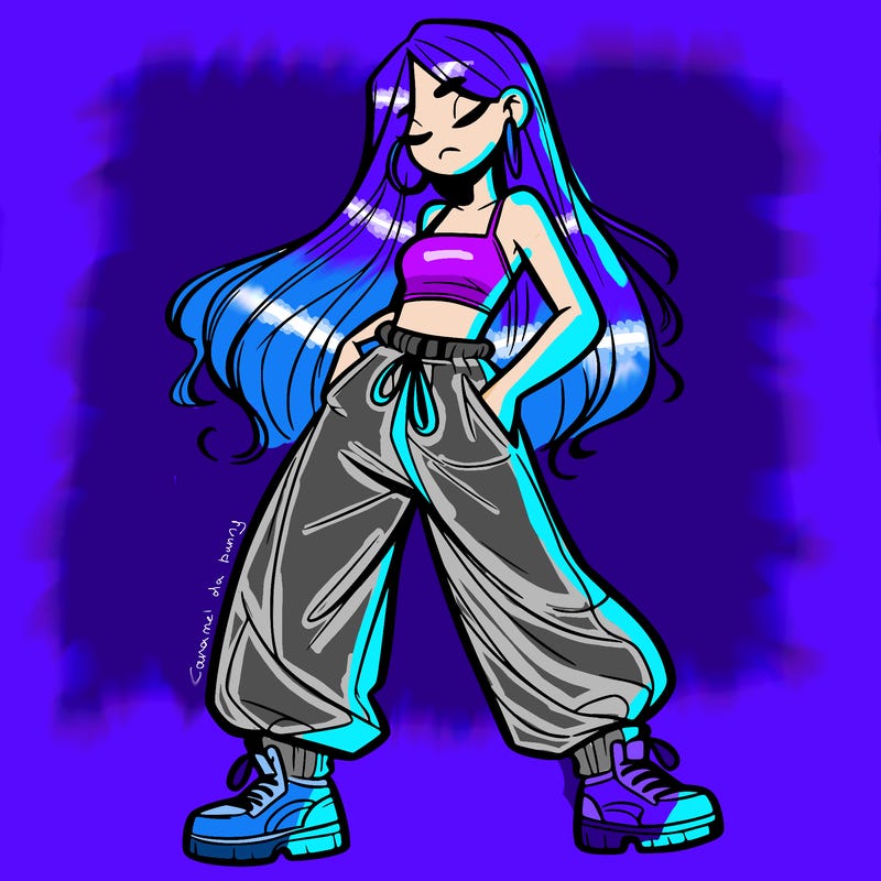 girl in baggy pants crop top and long hair