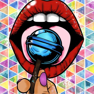 a mouth holding a loly pop and is realistic