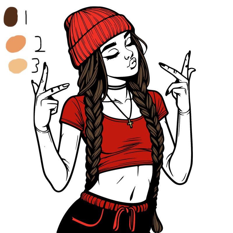 realistic teenage girl with braids and a beanie and crop top doing 🫶🏼