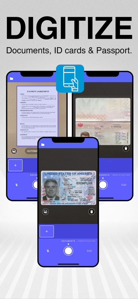 PDF Doc Scanner: Scan Cloud - Interface de um aplicativo móvel demonstrando como digitalizar documentos físicos e cartões de identificação usando a câmera de um smartphone