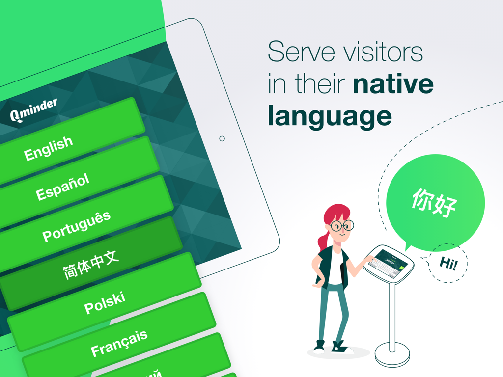 Qminder Queue Management - An iPad kiosk interface showing multiple language options for visitor check-in.