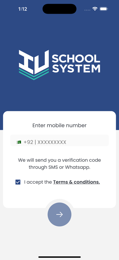 IU School System - IU School System mobile login screen with phone number entry.