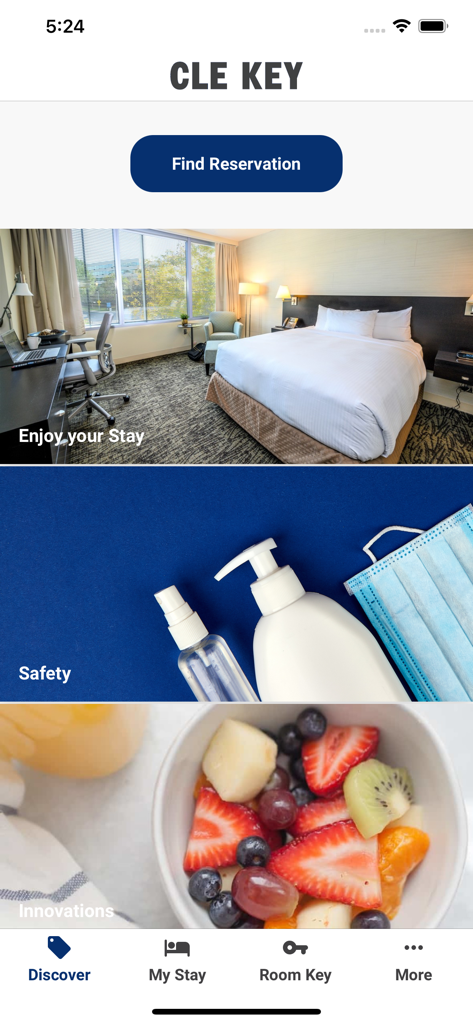 CLE KEY app main interface with find reservation button and navigation for hotel stay and mobile room key