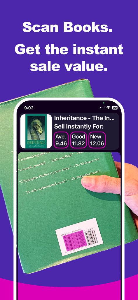Thrift - Ebay & Seller Tools - A person using the ThriftMagic mobile app to scan a book barcode and see instant resale prices for various book conditions