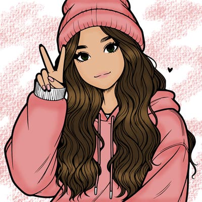 a teenage girl in a beanie, oversized sweatshirt, wavy long hair, and is showing a ✌️