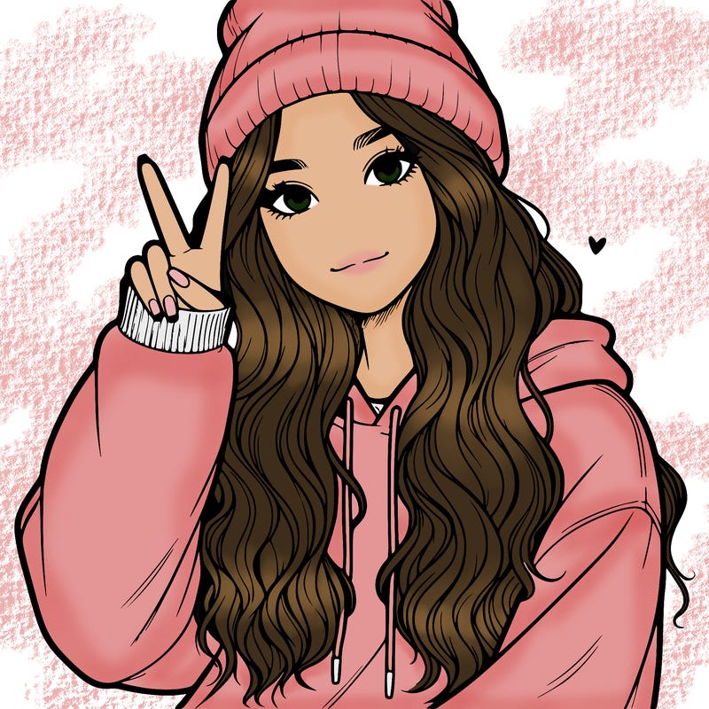 a teenage girl in a beanie, oversized sweatshirt, wavy long hair, and is showing a ✌️