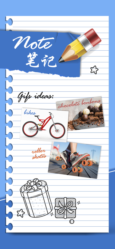 Pagina di un taccuino digitale con idee regalo che mostrano foto di una bicicletta e cioccolatini con scarabocchi disegnati a mano