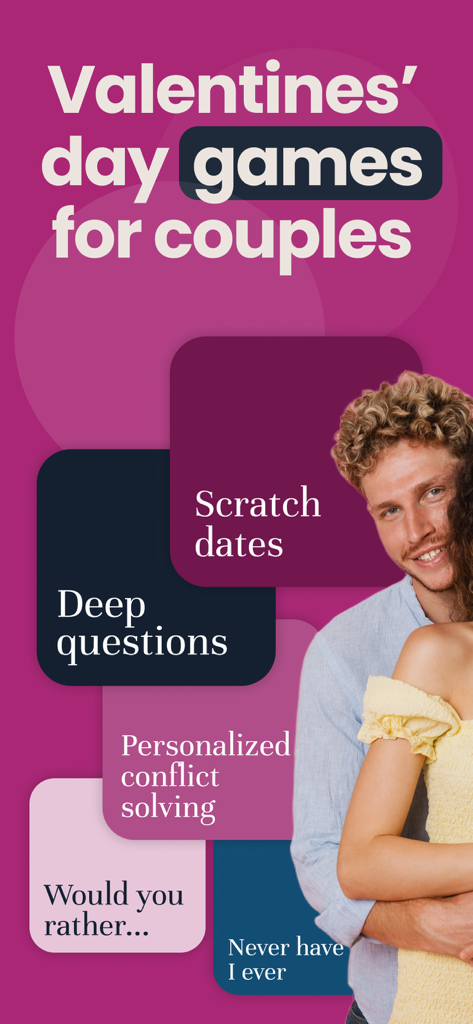 Valentines Day Games for Two - Promotional screen for Valentines Day Games for Two app showing a happy couple and features like deep questions and scratch dates
