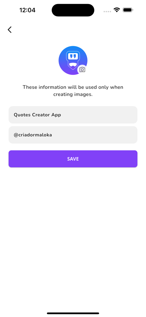 Branding-Einrichtungsbildschirm in Quotes Creator for Instagram zum Hinzufügen von Account-Handle und App-Namen