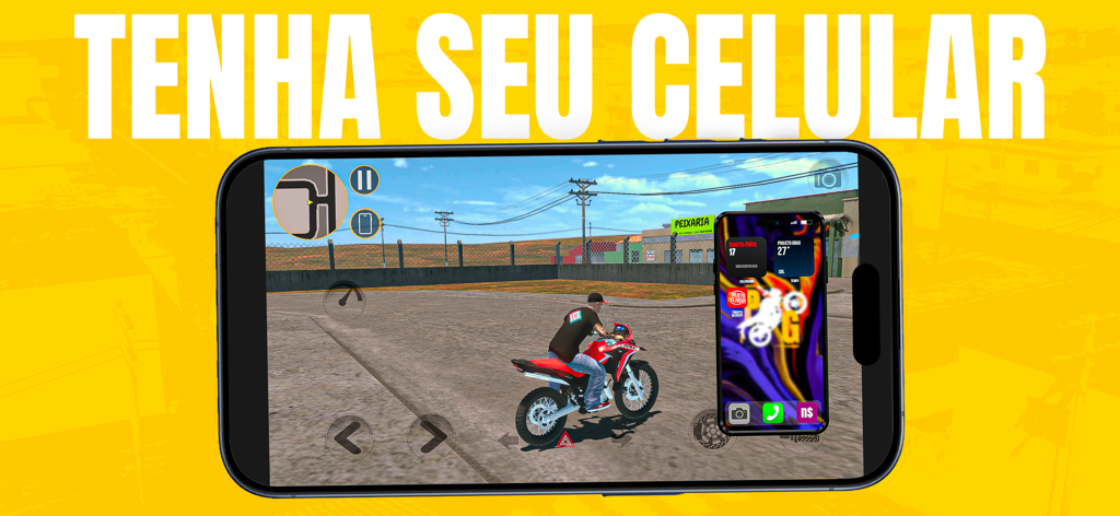 Screenshot of Projeto Grau showing a player on a red motorcycle with the in-game smartphone interface displayed on screen