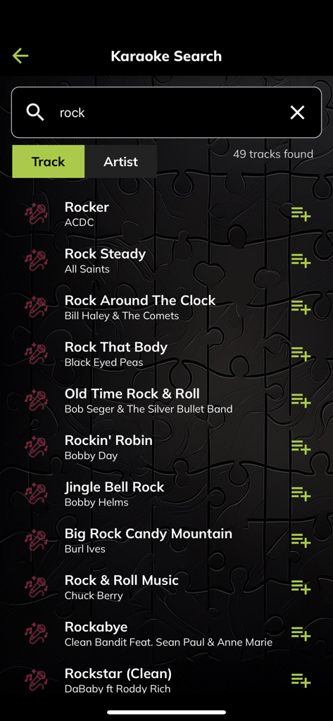 Jigsaw Interactive - Mobile interface of Jigsaw Interactive app showing a karaoke song search for rock music.