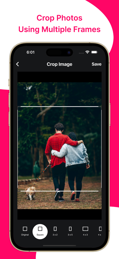 Add Watermark : Photo & Video - Mobile app interface showing the crop image tool with multiple aspect ratio frames for social media content creation.