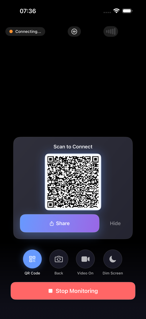 BlinkBaby - Baby Monitor - BlinkBaby app screen displaying a QR code for connecting baby and parent devices.