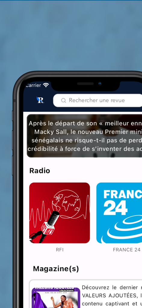 La Revue Presse app interface featuring a search bar, news headlines, and radio icons for RFI and France 24.