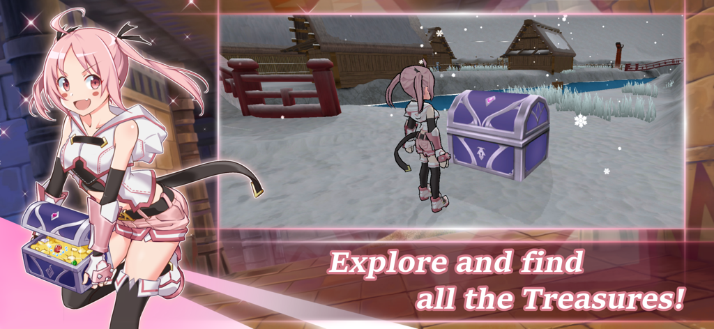 Epic Conquest 2 - Um personagem de anime está ao lado de um grande baú de tesouro em um ambiente de vila nevada.