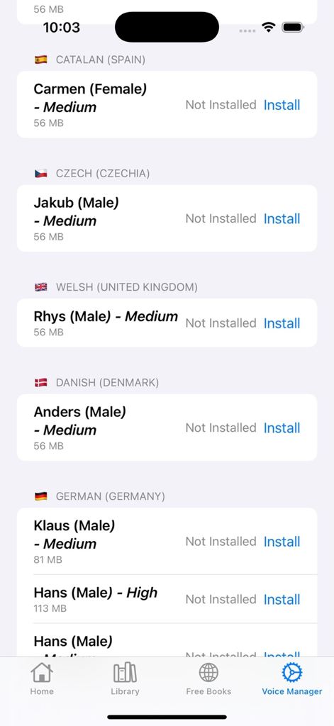 Libri Audiobooks - Pantalla de gestión de voces en Libri Audiolibros mostrando una lista de voces neuronales sin conexión disponibles para diferentes idiomas.