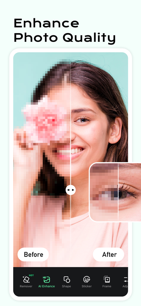 Confronto prima e dopo del miglioramento della qualità fotografica AI su un ritratto di donna