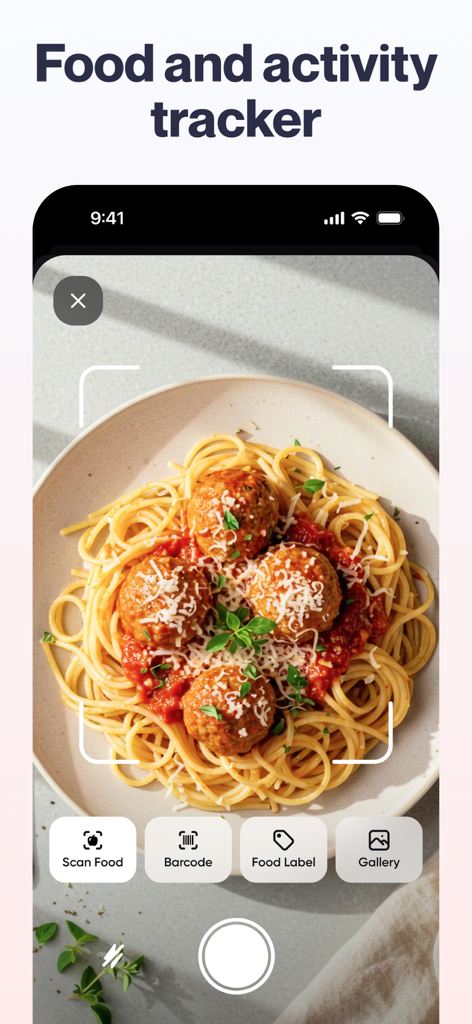 Welmi App-Oberfläche, die einen Foto-Scan eines Tellers Spaghetti mit Fleischbällchen zur Kalorienverfolgung zeigt