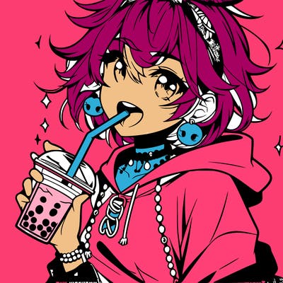 hot baddie anime girl drinking boba and biting the straw