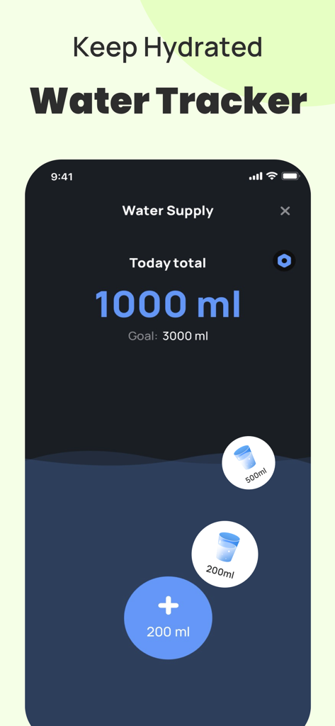 Interface du suivi de l'eau dans l'application Fastin montrant la progression de l'hydratation et les objectifs quotidiens
