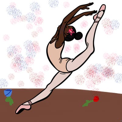 gymnast doing a leap in a leotard with a bent back leg