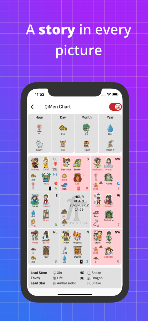 QiMen World - A mobile phone screen displaying a colorful Qi Men Dun Jia chart with pictorial icons for deities and stars from the QiMen World app