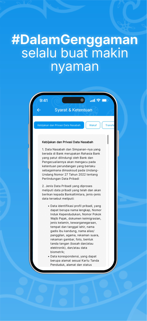 DG by Bankaltimtara - Terms and conditions screen of the DG by Bankaltimtara mobile banking app
