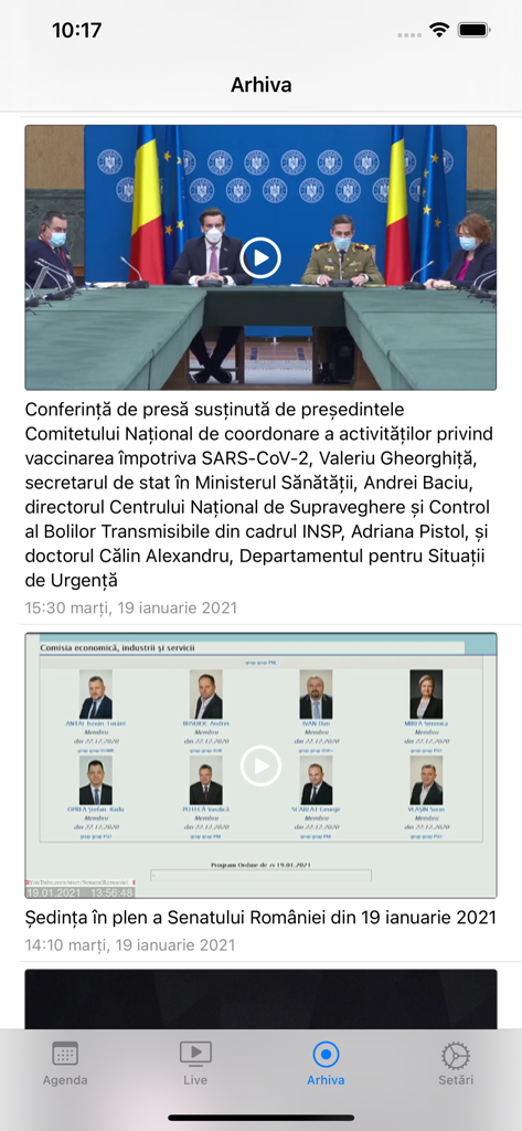 Privesc.Eu - Archive screen of the Privesc.Eu mobile app featuring live and recorded Romanian political news events