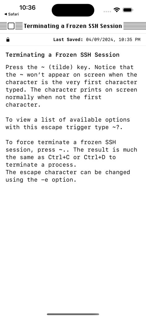 Notes for Lucky - A text note in the Notes for Lucky app detailing how to terminate a frozen SSH session using the tilde key.