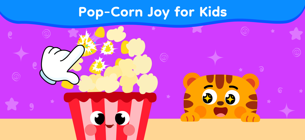 Un'interfaccia di gioco per bambini che mostra una mano che tocca il mais per farlo scoppiare accanto a una tigre dei cartoni animati