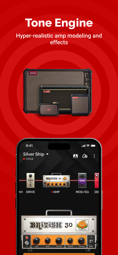Interface de l'application Spark montrant le moteur de sons avec modélisation d'ampli réaliste et une chaîne de signaux d'effets de guitare.