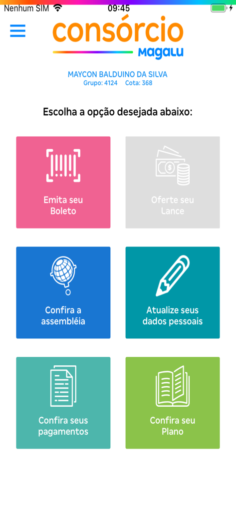 Painel principal do aplicativo Consórcio Magalu mostrando blocos de menu para boletos, lances e gerenciamento de conta