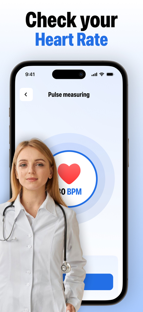Body Temperature Checker。 - Funzione di monitoraggio della frequenza cardiaca su uno schermo di smartphone con un medico donna