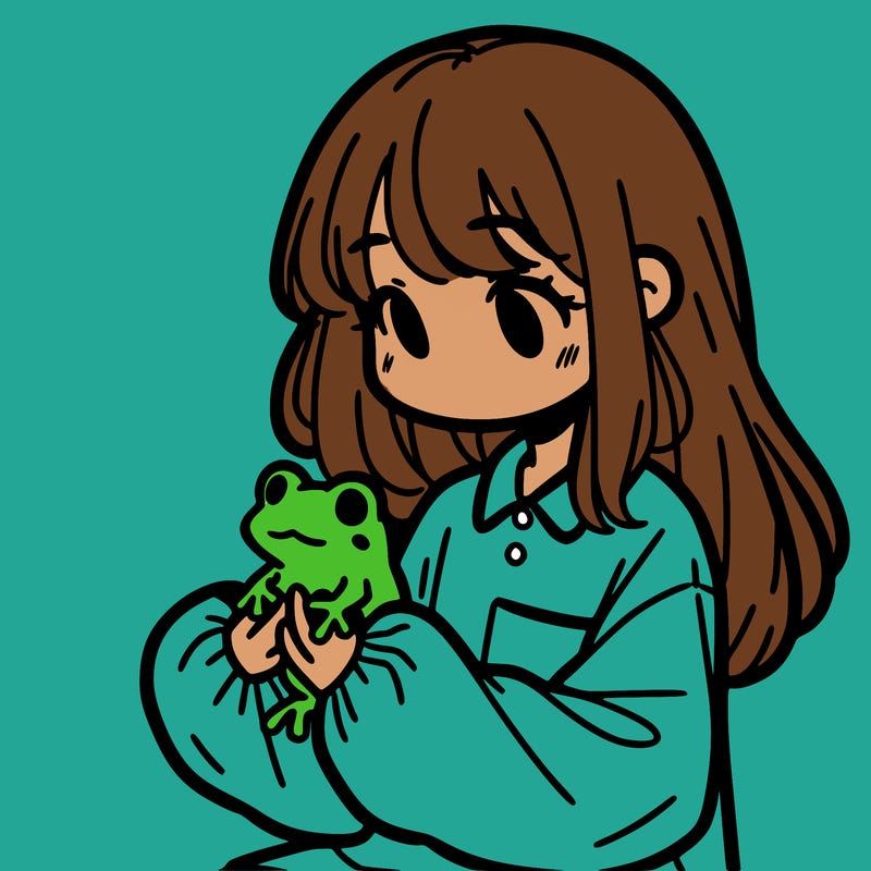 girl with long hair and a oversized shirt. and she is holding a frog