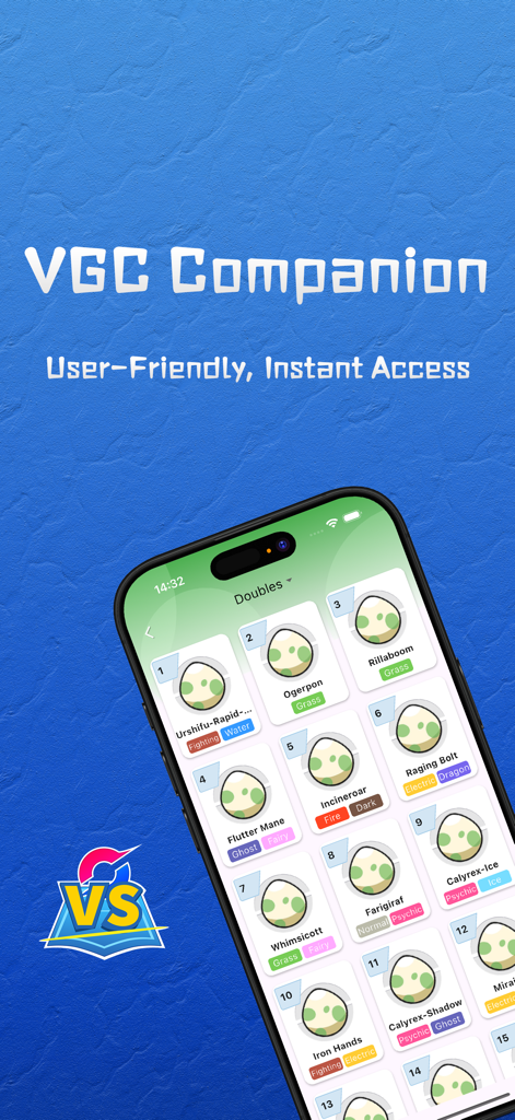 PMBattle - PMBattle 모바일 앱 스크린샷으로 VGC 복식 배틀용 경쟁 포켓몬 목록과 해당 타입 및 이름 표시