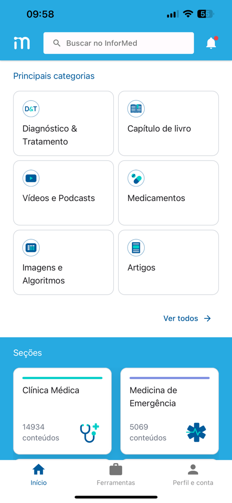 Pantalla de inicio de la aplicación médica InforMED que muestra categorías para diagnóstico, tratamiento, medicamentos y secciones clínicas médicas en portugués.