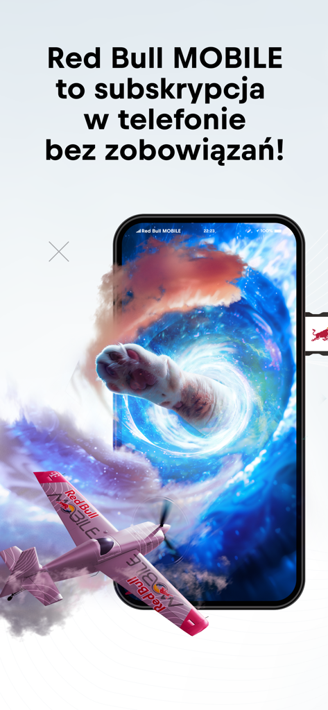 Red Bull MOBILE Polska app screen promoting a phone subscription without commitment