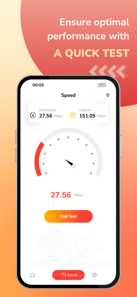 VPN Super-Fast Unlimited Proxy - In-app speed test feature showing download and upload speeds for optimal VPN performance.