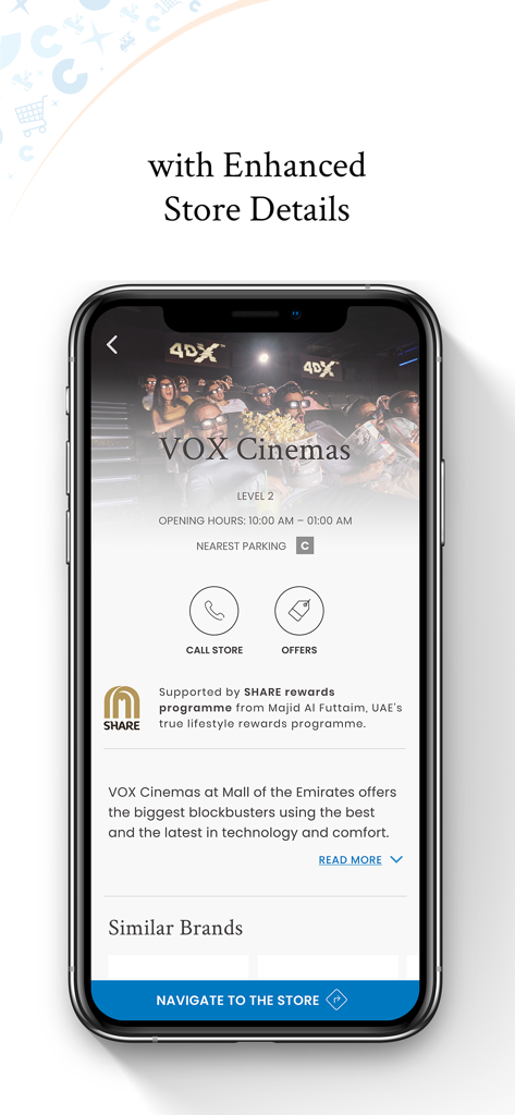 City Centres - City Centres app interface displaying VOX Cinemas store details and opening hours