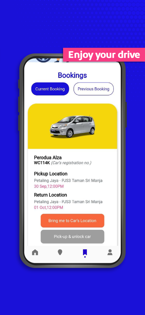 말레이시아에서 Perodua Alza 렌터카에 대한 현재 예약 세부 정보를 보여주는 모바일 앱 인터페이스