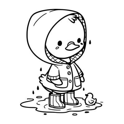 baby duck in a rain coat and boots, in a puddle while it’s raining