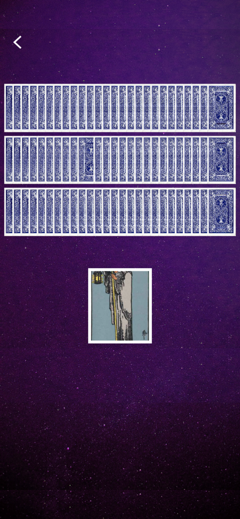 Digital tarot card deck interface with one card revealed on a starry purple background