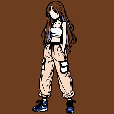 girl in baggy pants crop top and long hair