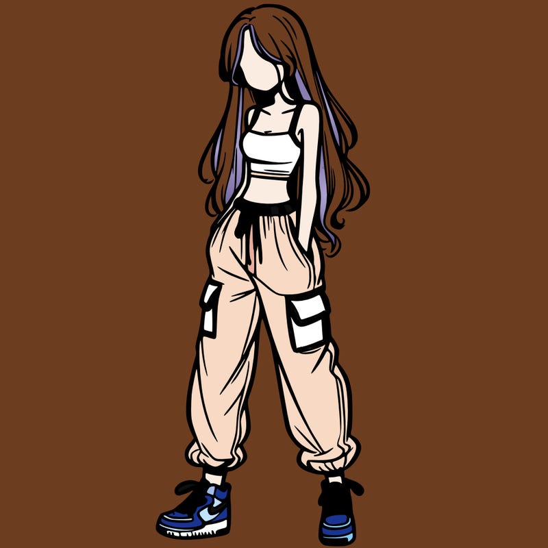 girl in baggy pants crop top and long hair